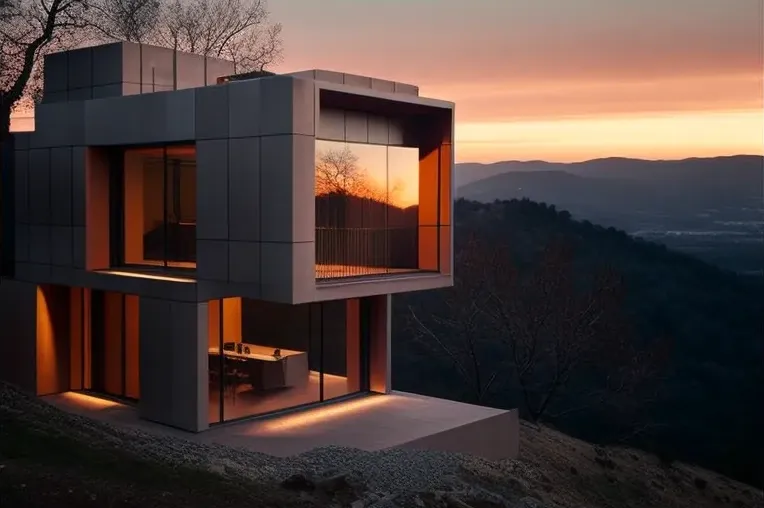 Casa de lujo con vistas a las montañas nevadas y fachada de piedra natural en Girona