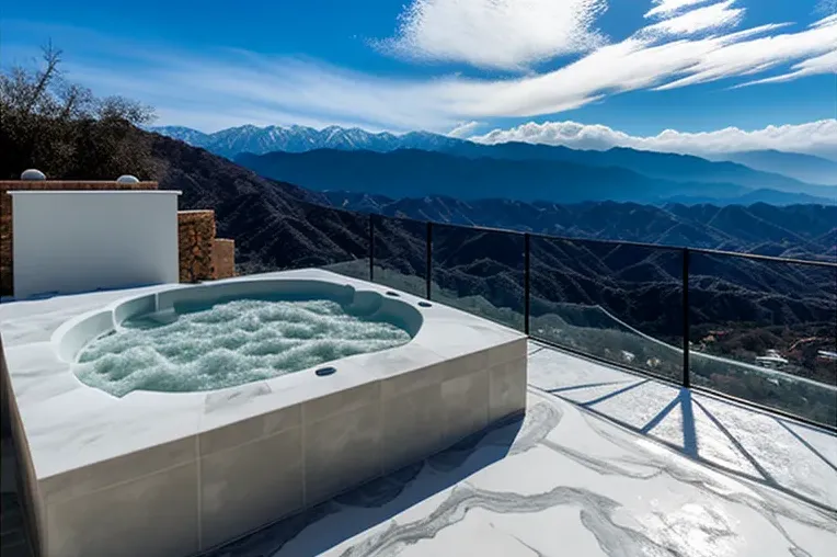 Casa de lujo de marmol blanco con piscina al aire libre en las montañas