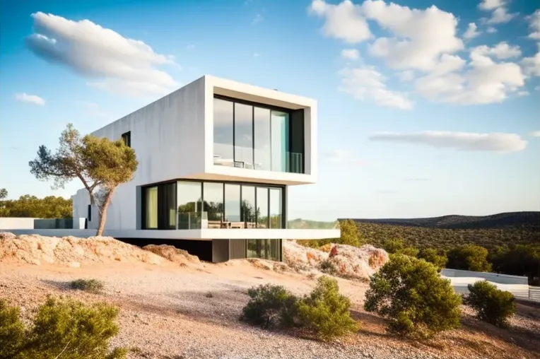 Escape de lujo en las montañas de Ibiza: Casa de vidrio y ladrillo con terrazas impresionantes