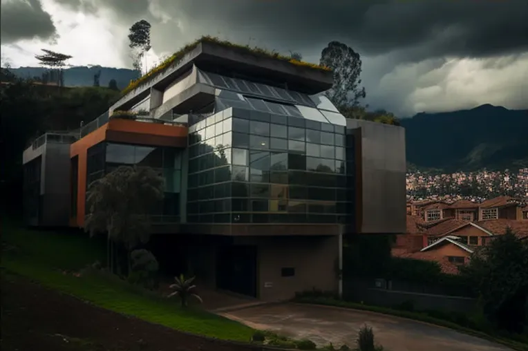 Casa de estilo high-tech construida en hormigón visto y acero inoxidable con fachada de piedra natural en Bogotá