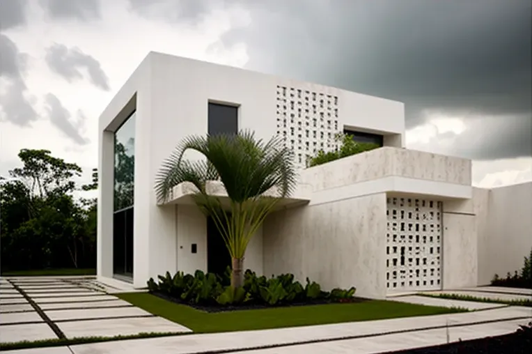 La Casa de Marmol Blanca con fachada elíptica y jardines privados en Cancún