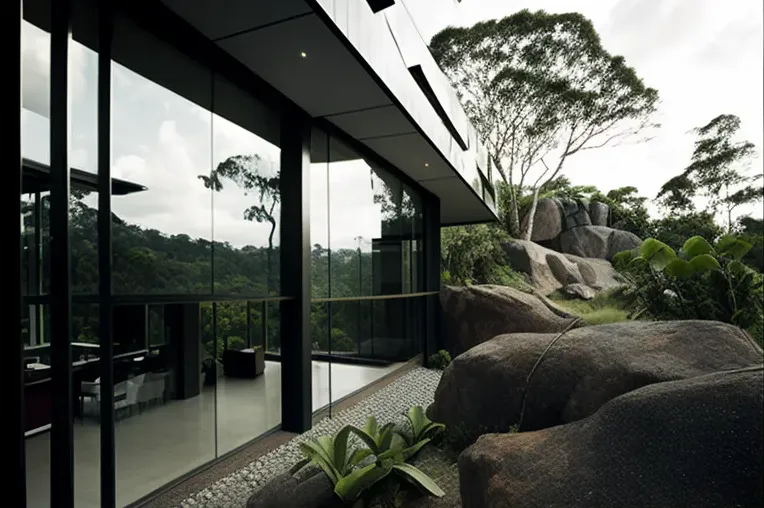 Elegante villa de piedra natural, acero inoxidable y fibra de carbono con estacionamiento techado