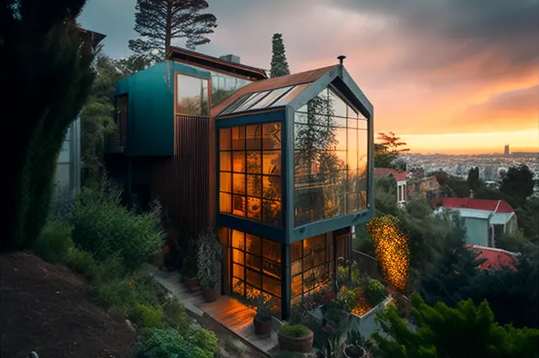 Villa de lujo con vistas al bosque rodeada de niebla y vistas del atardecer en Valparaiso, Chile