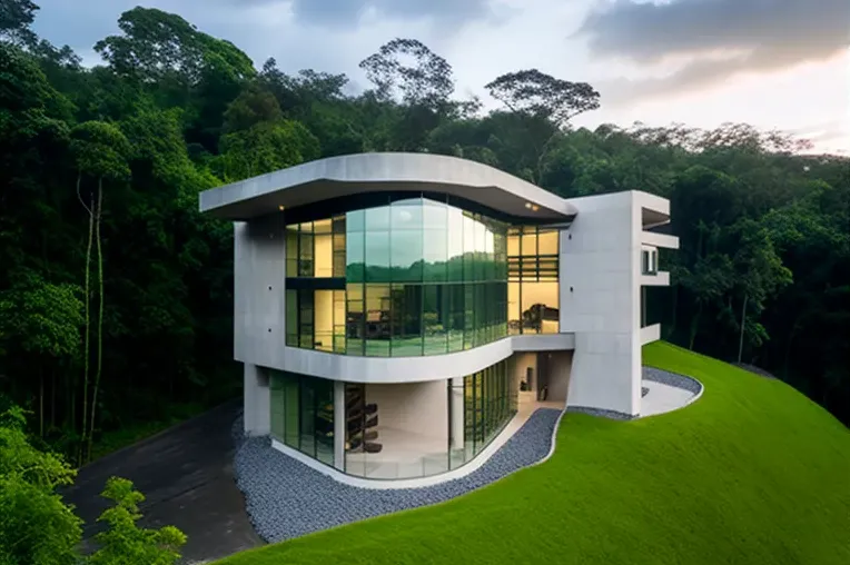 Casa de arquitectura high-tech con techos altos y construida con materiales únicos en San Andrés, Colombia