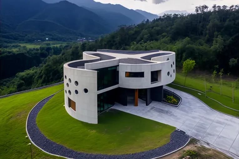 Oasis high-tech en las montañas con fachada elíptica y vistas panorámicas en San Andrés, Colombia