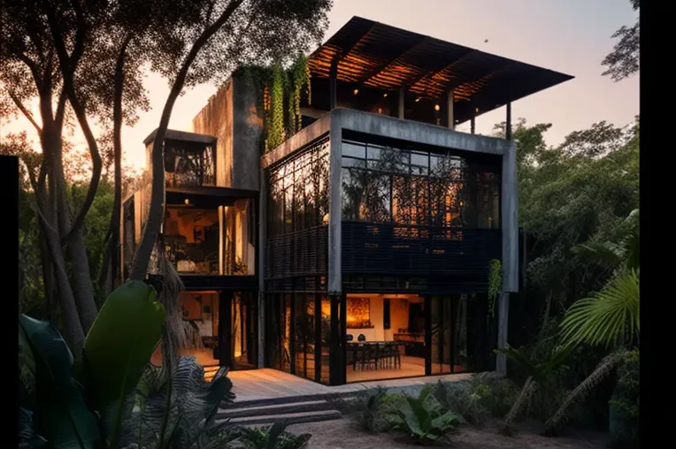 Diseño innovador en medio de la naturaleza: Casa industrial con vista al atardecer