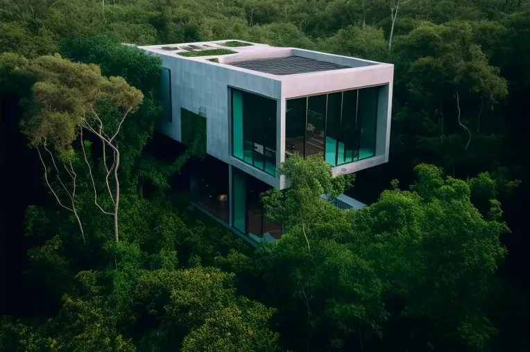 Villa high-tech rodeada de niebla en el bosque de Cancún