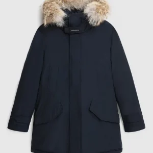 Woolrich Polar Parka in Ramar with High Collar and Fur Trim Melton Blue
