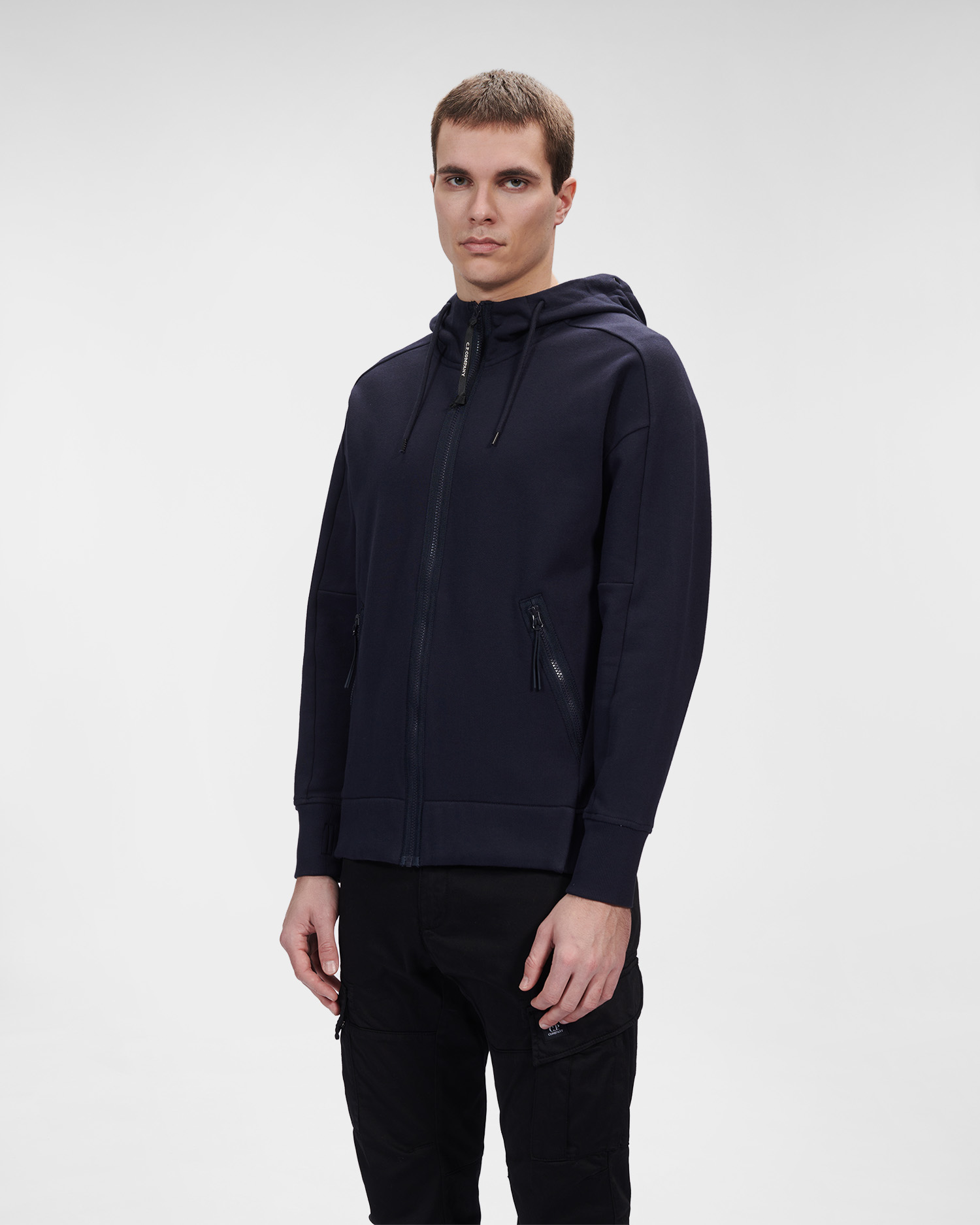 C.P. Company Diagonal Raised Fleece Goggle Hoodie Total Eclipse Blue - Imagen 2