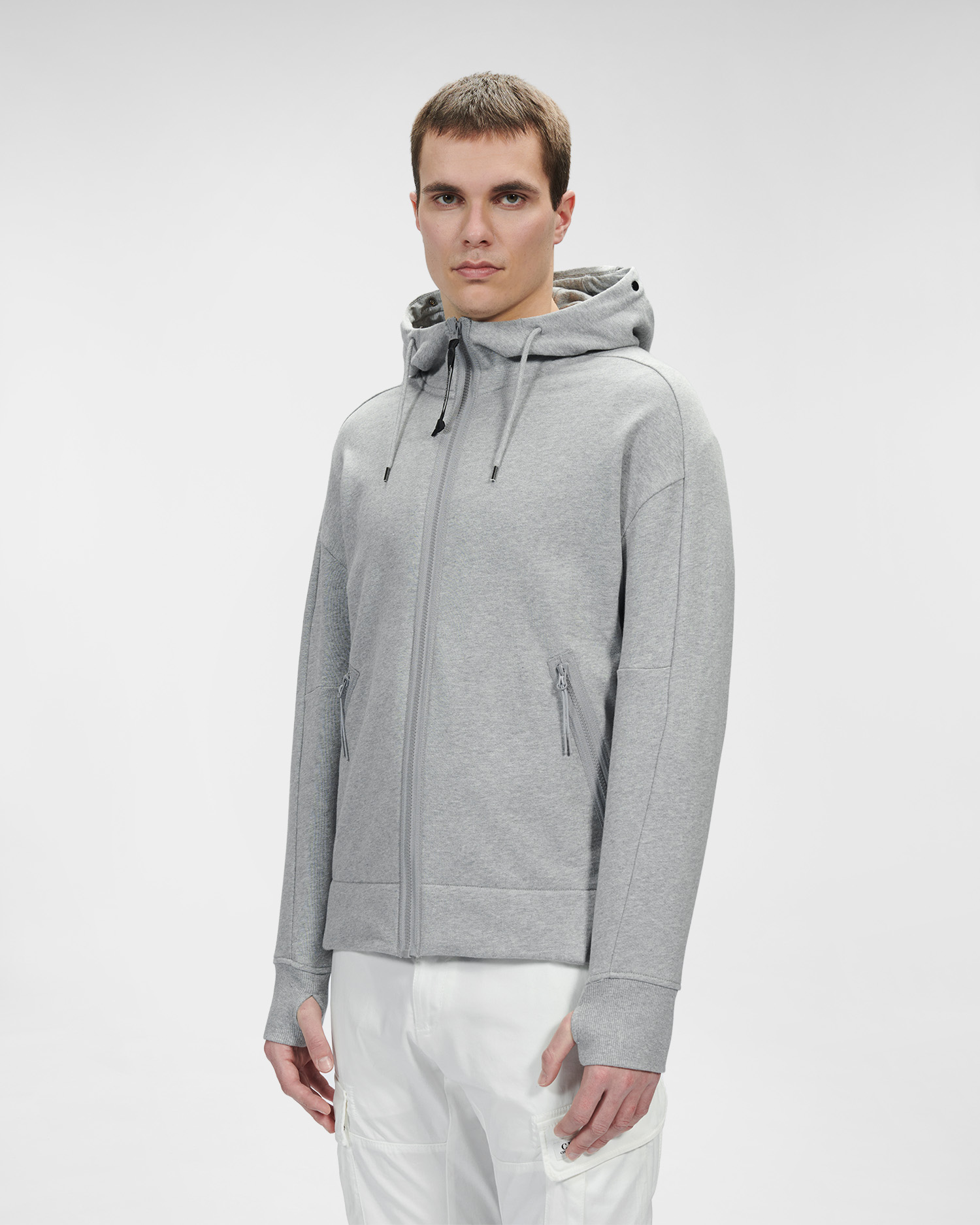 C.P. Company Diagonal Raised Fleece Goggle Hoodie Grey Melange - Imagen 2