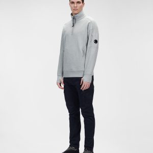 C.P. Company Diagonal Raised Fleece Stand Collar Sweatshirt Grey Melange - Imagen 2