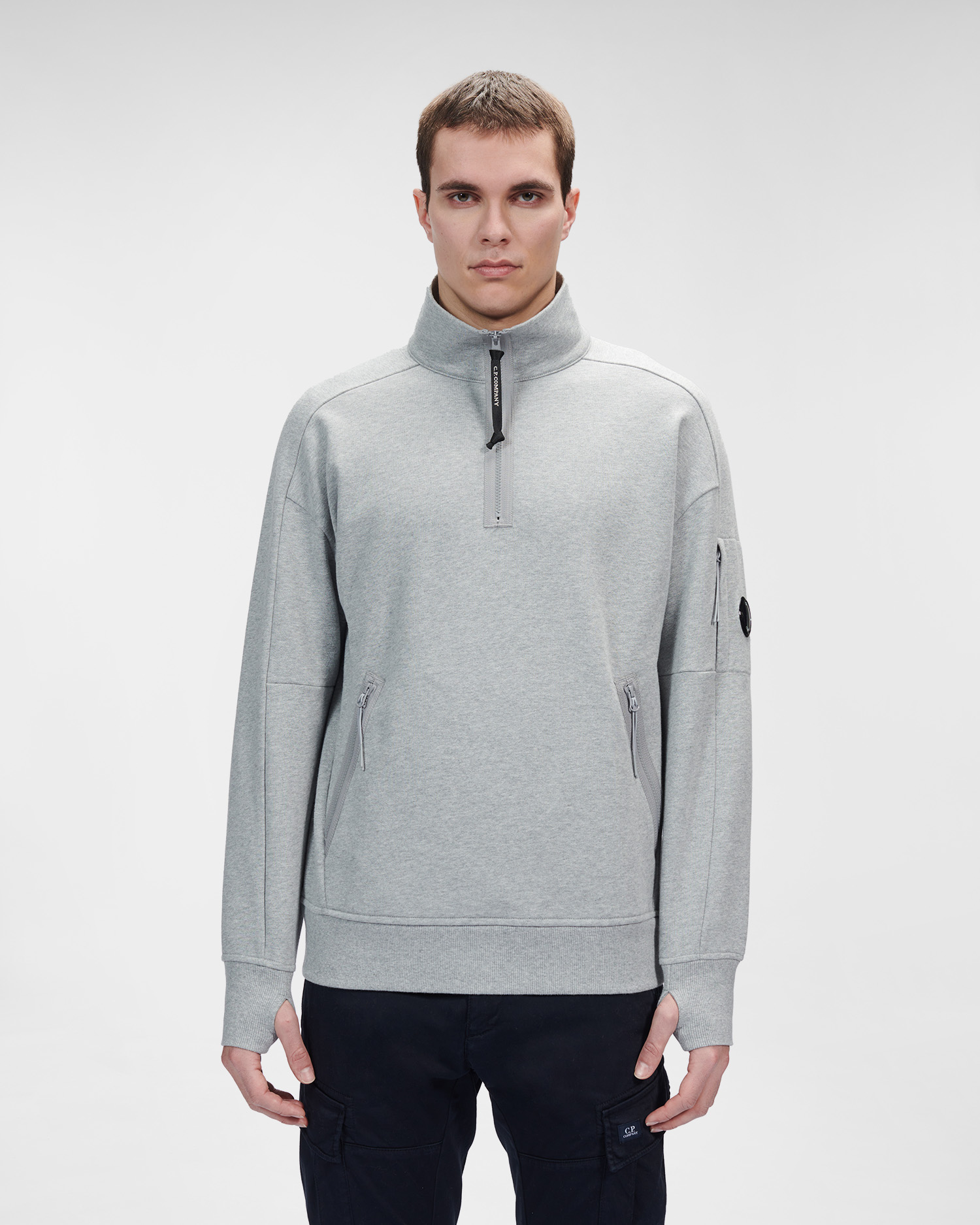 C.P. Company Diagonal Raised Fleece Stand Collar Sweatshirt Grey Melange - Imagen 4