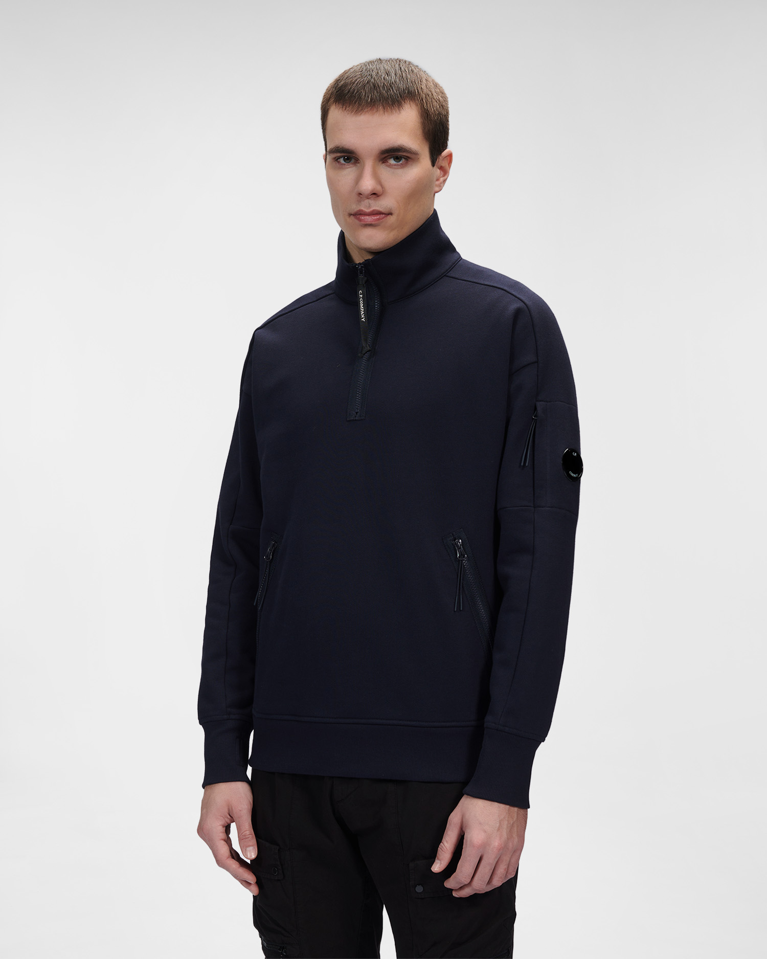 C.P. Company Diagonal Raised Fleece Stand Collar Sweatshirt Total Eclipse Blue - Imagen 4