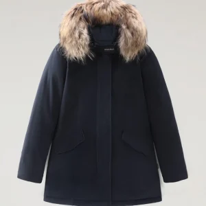 Woolrich Woman Luxury Arctic Parka with Detachable Fur Melton Blue
