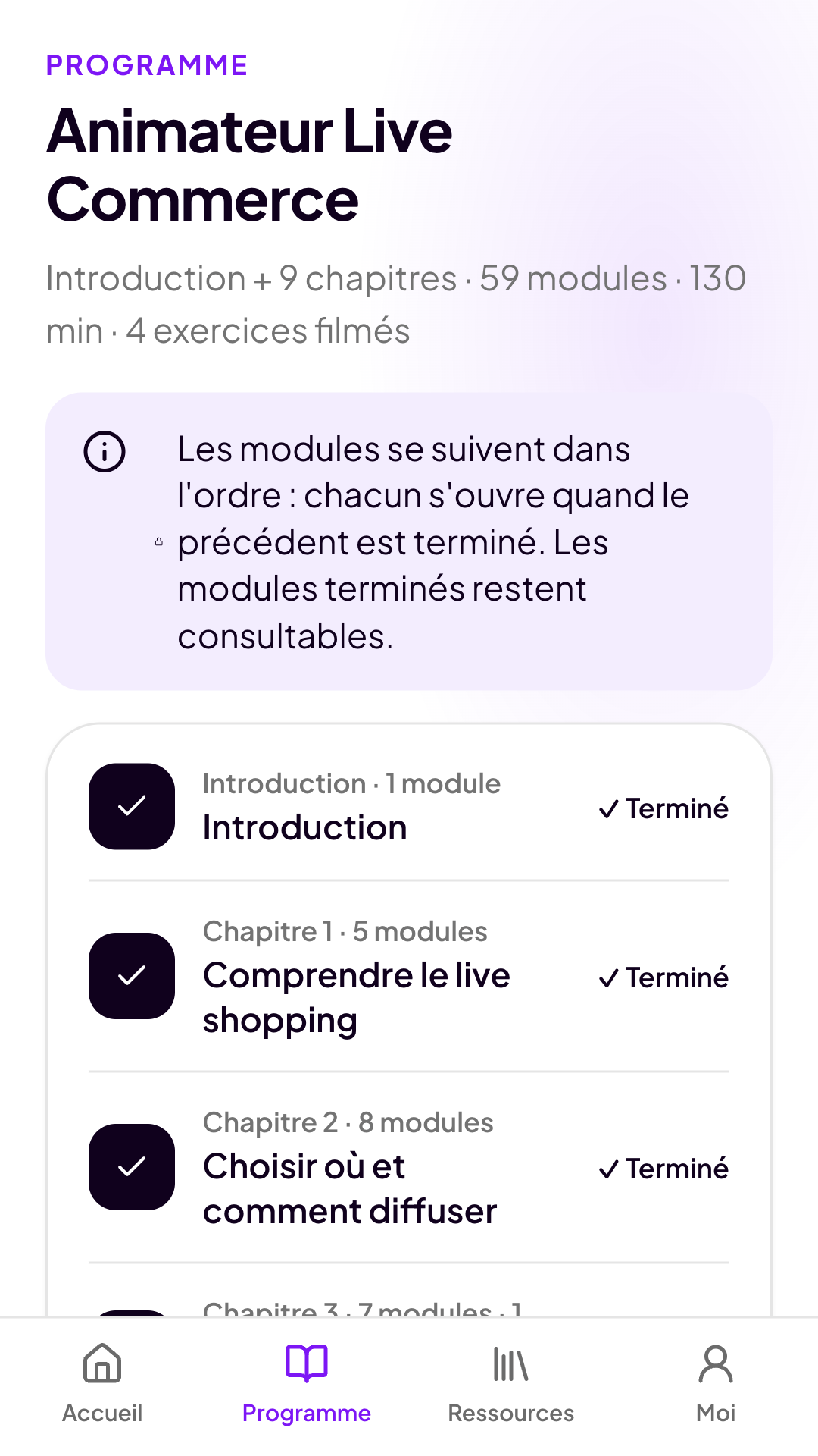 Programme de la formation : 59 modules, 9 chapitres et 4 exercices filmés