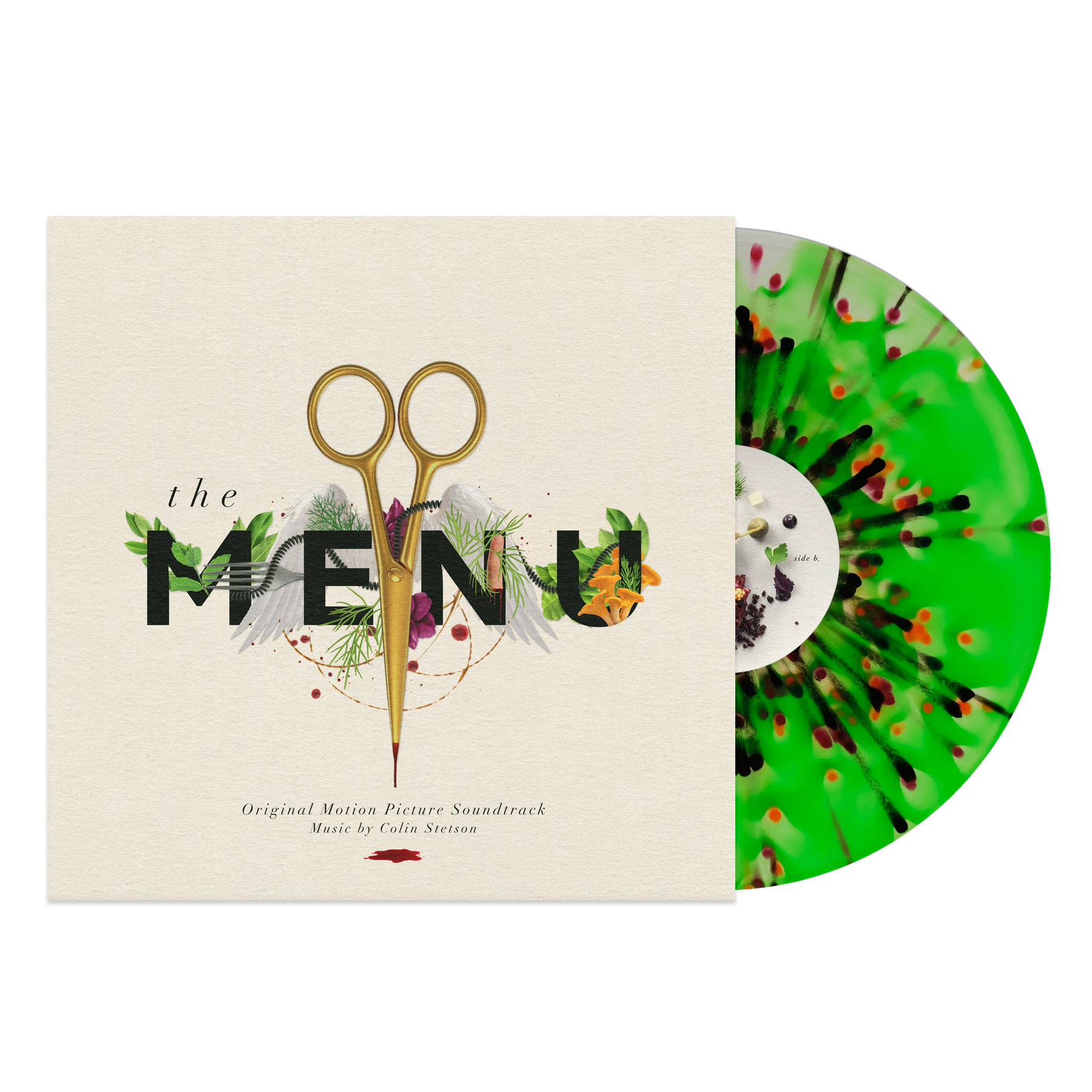 THE MENU/VINYLE VERT AVEC ECLABOUSSURES VIOLETTES ET ORANGES 180GR