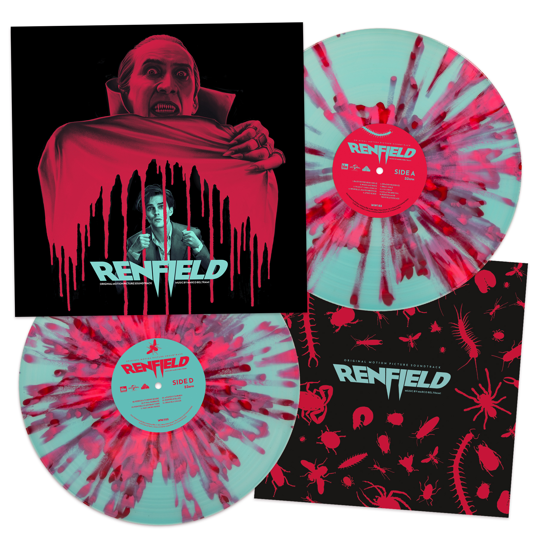 RENFIELD/VINYLE BLEU OCEAN AVEC ECLABOUSSURES ROSES ET ROUGES