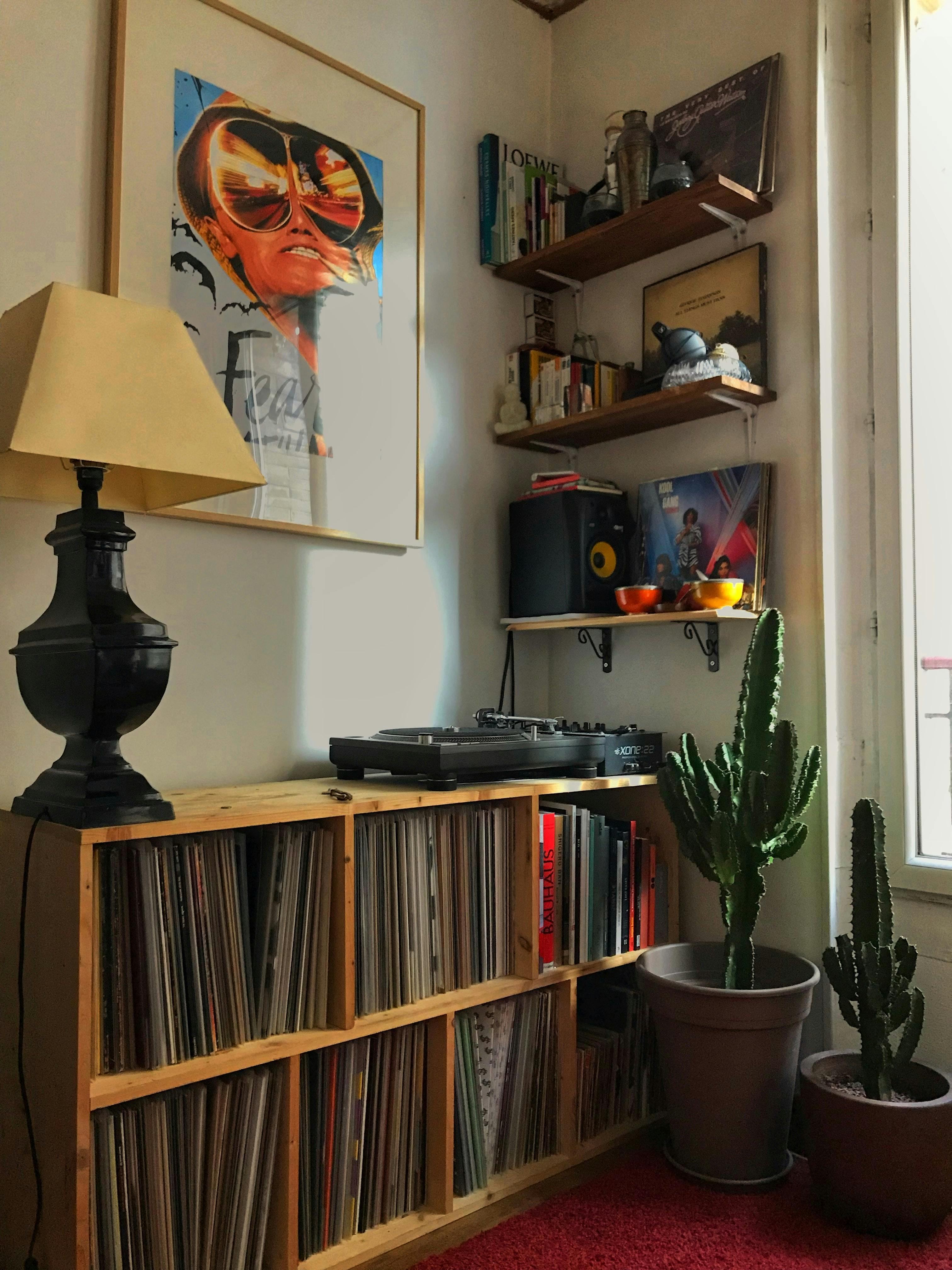 Meuble de rangement vinyles compartimenté en bois : chaque case protège 50 disques en position verticale