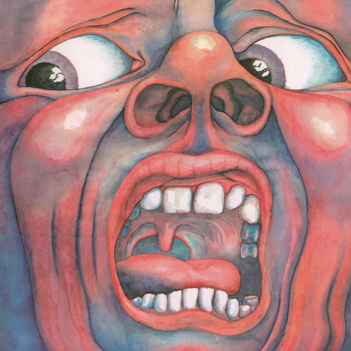Cover album effrayante : In the Court of the Crimson King de King Crimson (1969), visage hurlant peint par Barry Godber