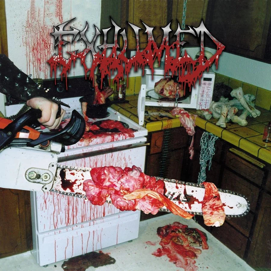 Pochette album gore : Gore Metal d'Exhumed (1998), cuisine éclaboussée de restes humains