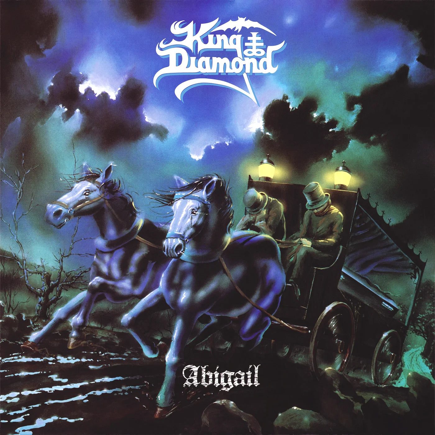 Pochette album horreur : Abigail de King Diamond (1987), corbillard tiré par des chevaux noirs