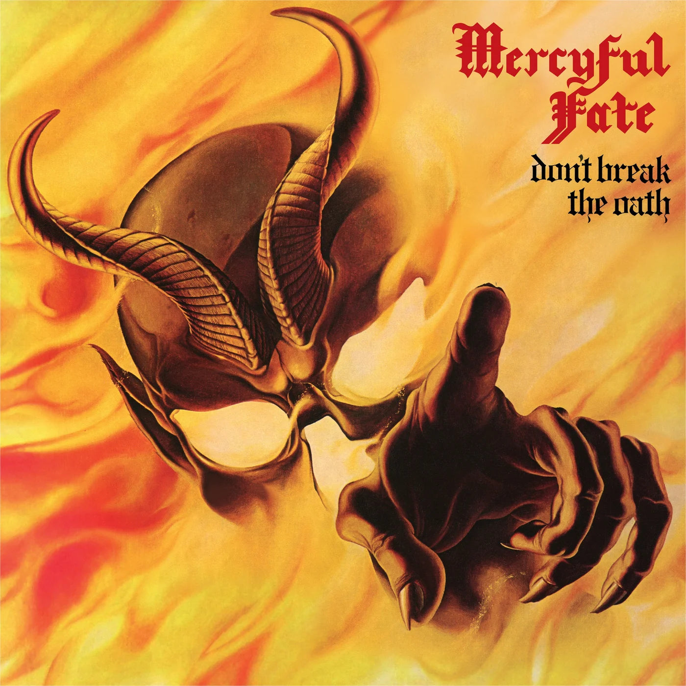 Pochette album horreur : Don't Break the Oath de Mercyful Fate (1984), démon cornu dans les flammes