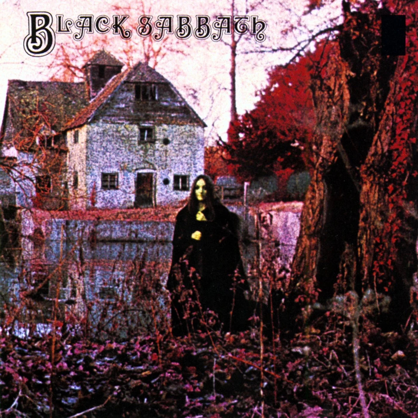 Pochette de disque glauque : premier album de Black Sabbath (1970), femme en noir au moulin de Mapledurham
