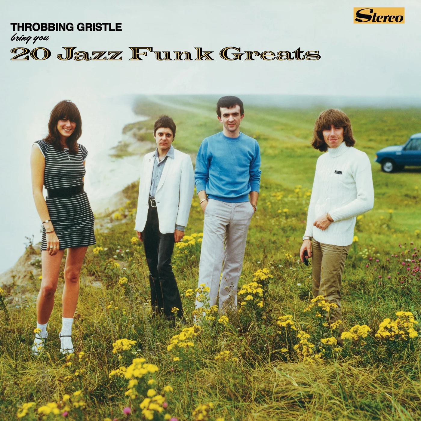 Pochette de disque glauque : 20 Jazz Funk Greats de Throbbing Gristle (1979), photo de groupe à Beachy Head